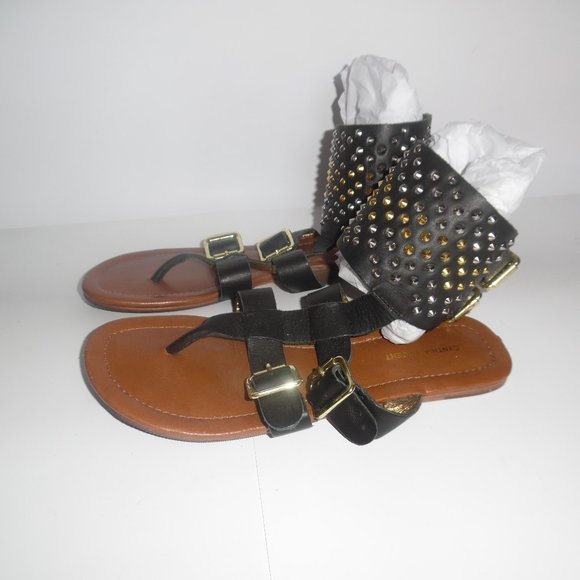 Cynthia Vincent Studded Buckle Black Leather Gladiator Ankle Flats Sandal 7.5 - Picture 4 of 10